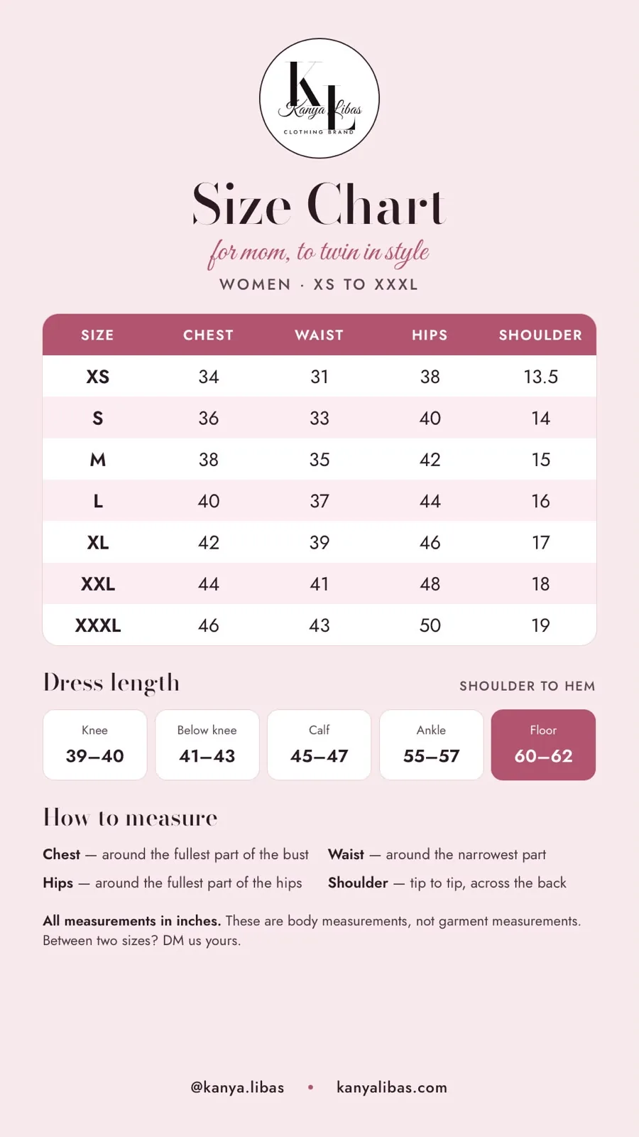 Kanya Libas women size chart, XS to XXXL: chest, waist, hips and shoulder in inches, with dress length