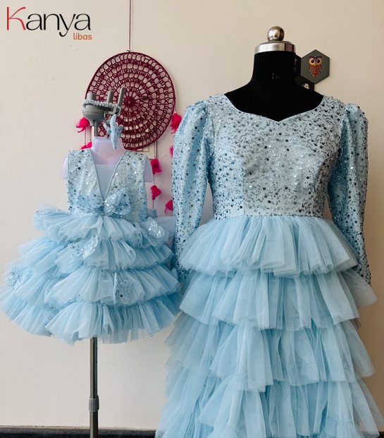 Sky blue layered frills mother daughter outfit