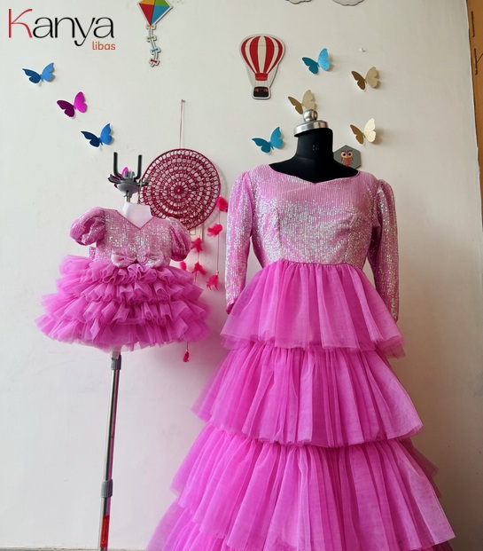 Pink layered frills mother daughter outfits