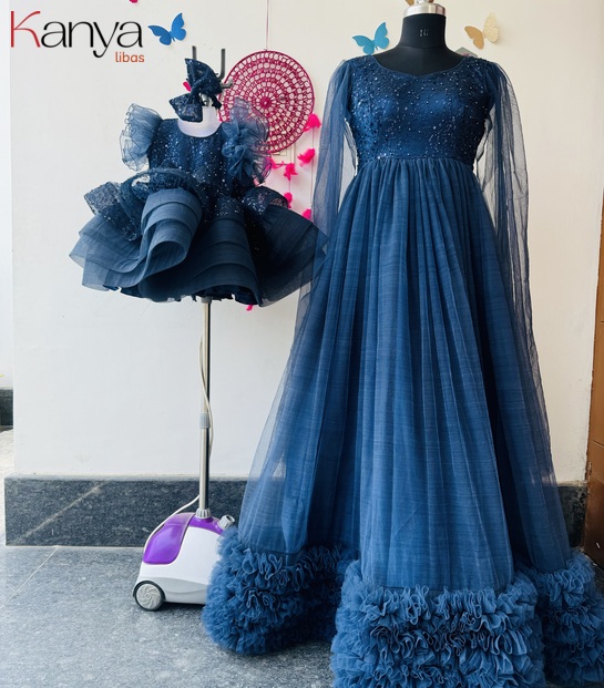 Blue moti sequins mother daughter outfit