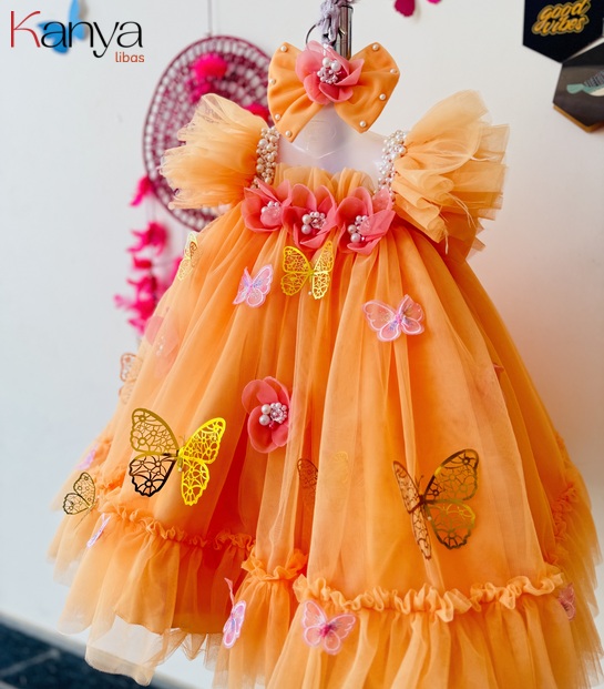 Peach outfit with hand made pink flowers