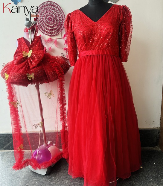 Red moti sequins mother daughter outfit