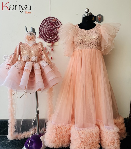 Peach moti sequins mother daughter twinning outfit
