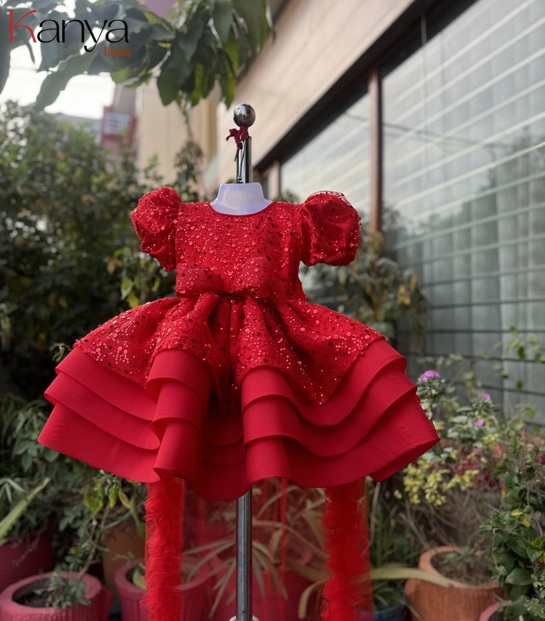 Red sequins layered outfit with puff sleeves