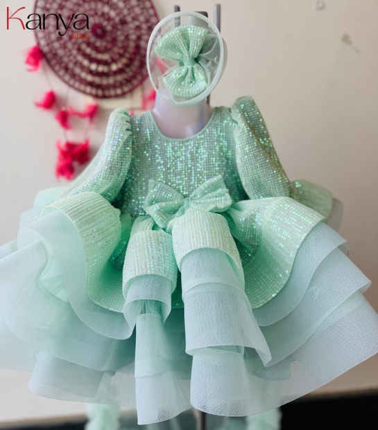 Butterfly theme Sea green shade layered outfit with shoulder structural design